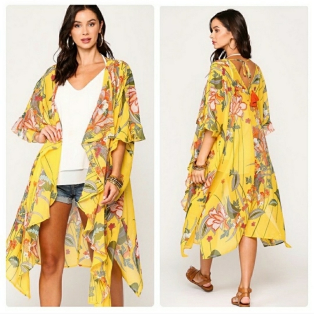 Beautiful yellow, shawl collar, ruffled, side slit kimono with back tassel tie.